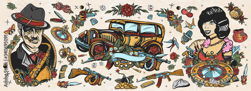 Gangsters Old school tattoo collection. Crime boss plays saxophone, retro car, robbers, bandits weapons, croupier pin up girl, casino, cabaret. Noir criminal movie art. Traditional tattooing style