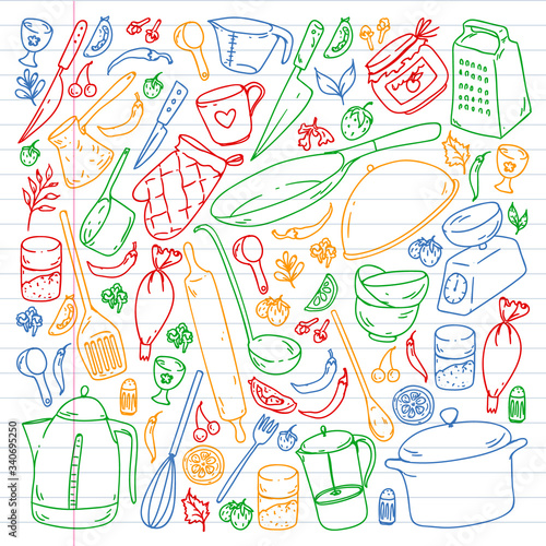 Cooking class. Kitchenware, utencils. Food and kitchen icons.