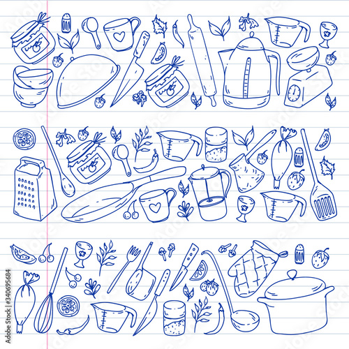 Cooking class. Kitchenware, utencils. Food and kitchen icons.