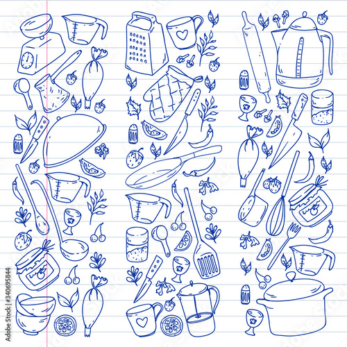 Cooking class. Kitchenware, utencils. Food and kitchen icons.