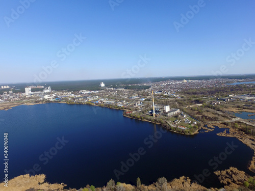 Panoramic view of Kiev at spring  drone image .