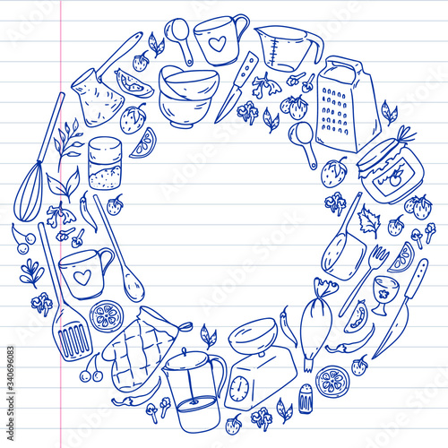 Cooking class. Kitchenware, utencils. Food and kitchen icons.