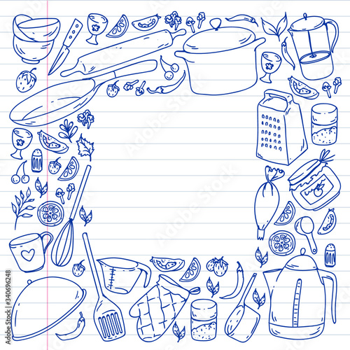 Cooking class. Kitchenware, utencils. Food and kitchen icons.