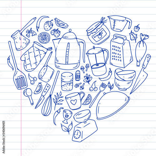 Cooking class. Kitchenware, utencils. Food and kitchen icons.
