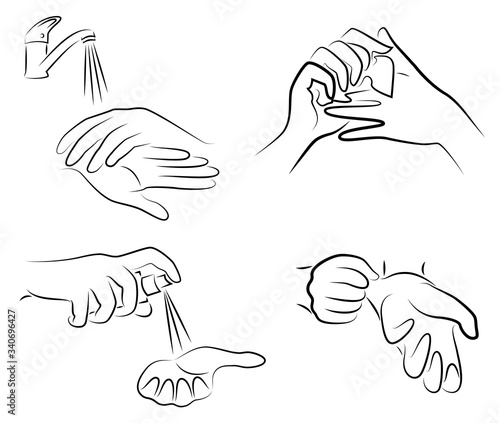Collection of hygiene procedures. Wash your hands with soap under the tap, wipe with a napkin, treat with an antiseptic, wear rubber gloves. Vector illustration of a set