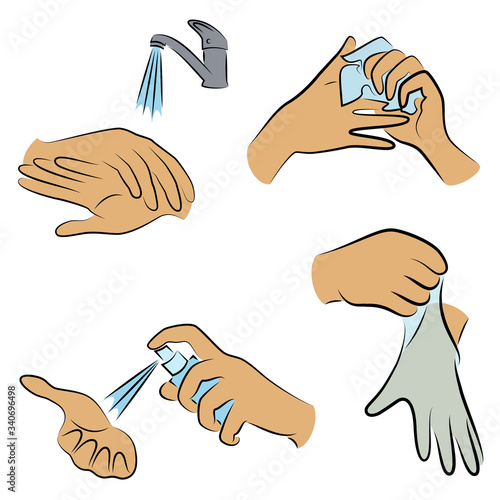 Collection of hygiene procedures. Wash your hands with soap under the tap, wipe with a napkin, treat with an antiseptic, wear rubber gloves. Vector illustration of a set