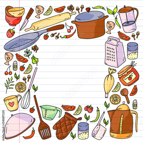 Cooking class. Kitchenware, utencils. Food and kitchen icons.