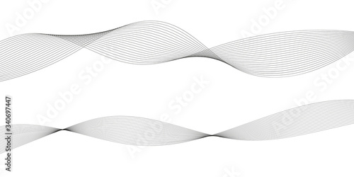 Abstract wave element for design. Digital frequency track equalizer. Stylized line art background. Vector illustration. Wave with lines created using blend tool. Curved wavy line, smooth stripe.