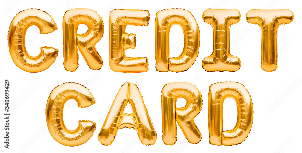 Words CREDIT CARD made of golden inflatable balloons isolated on white background. Helium balloons gold foil forming words credit card. Business, banking and finance, money concept Words CREDIT CARD made of golden inflatable balloons isolated on white background. Helium balloons gold foil forming words credit card. Business, banking and finance, money concept