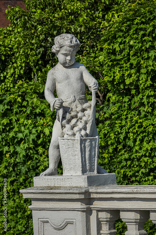 Sculptures in the public garden of Belvedere. Belvedere Palace was summer residence for Prince Eugene of Savoy. Vienna, Austria.