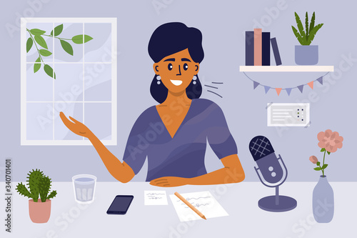Stay at home, recording podcast show. Female radio host speaking into microphone. Podcaster making content. Social media broadcasting. Blogger workspace. Cute girl sitting at table vector illustration