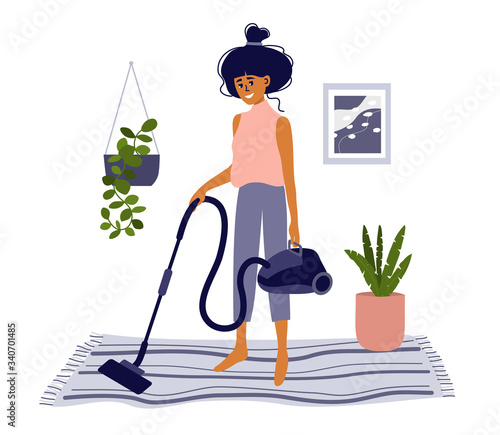 Stay home, do housework. Lifestyle scene of activity, cleanup. Cute girl vacuuming carpet by vacuum cleaner. Cozy modern interior of apartment, houseplants. Hygge style living room vector illustration
