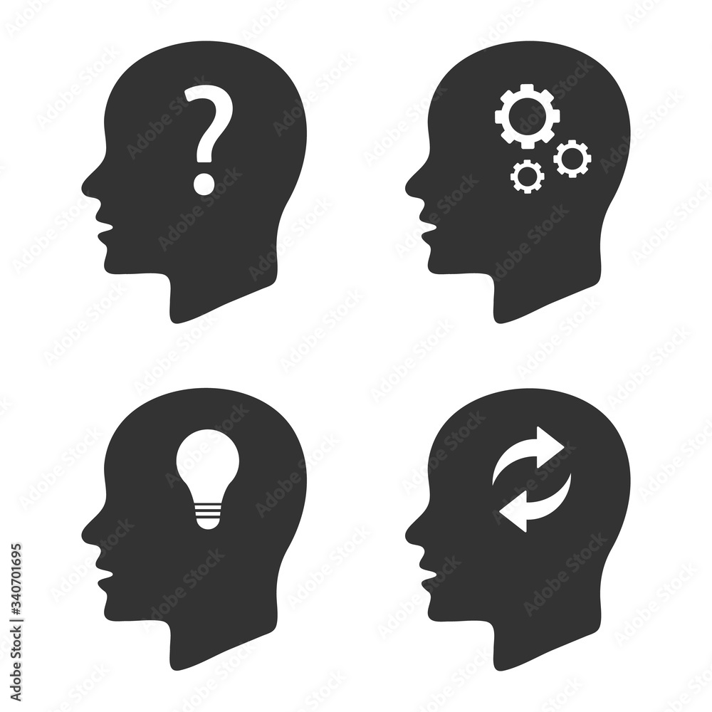 human heads silhouette with light bulb, question mark, arrows and gears symbols vector icon human heads silhouette with light bulb, question mark, arrows and gears symbols vector icon