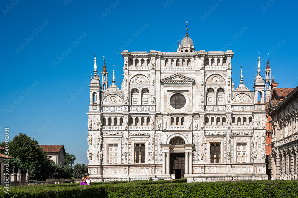 Abbey church, Certosa di Pavia monastery, Lombardy, Italy. View of the Facade. Pavia, northern Italy, june 28, 2015