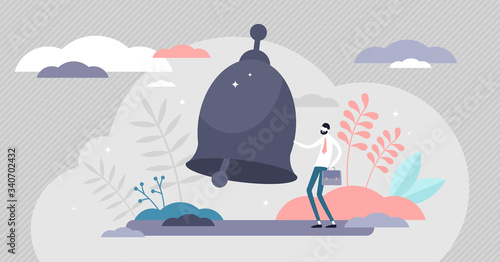 Alert bell ringing vector illustration. Warning flat tiny persons concept.