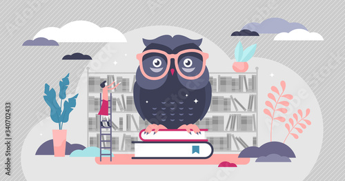 Wise owl vector illustration. Knowledge symbol flat tiny persons concept.