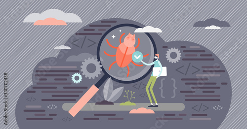 Bug fixing vector illustration. Programming errors flat tiny persons concept