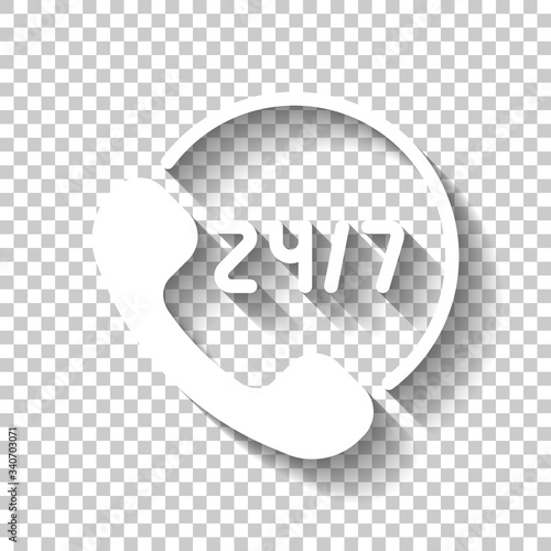 Call or support center, 24 and 7. White icon with shadow on transparent background