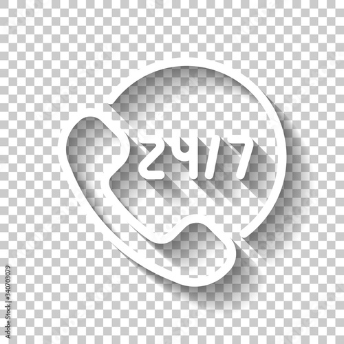 Call or support center, 24 and 7, linear icon, outline design. White icon with shadow on transparent background