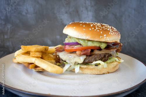 Bacon Guacamole Cheeseburger with French Fries 
