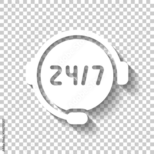 Call or support center, 24 and 7. White icon with shadow on transparent background
