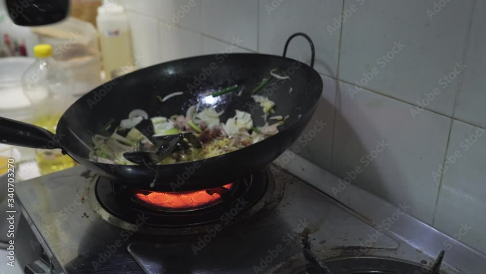 Scene Close Up Of Chef Cooking Japanese Yakisoba In Wok Pan Stir Fried 