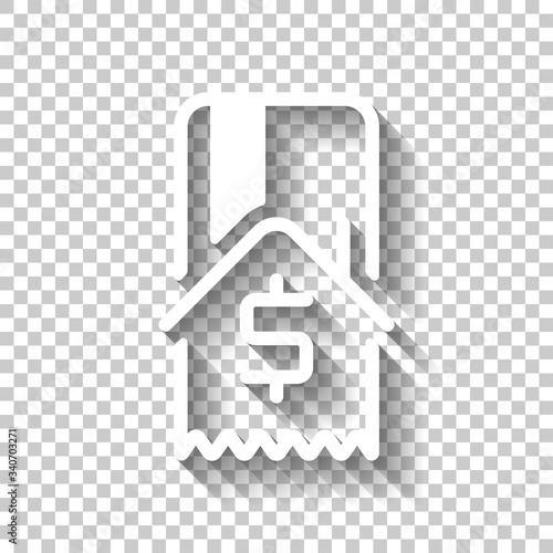 Buy house, credit card and receipt with dollar sign. White icon with shadow on transparent background
