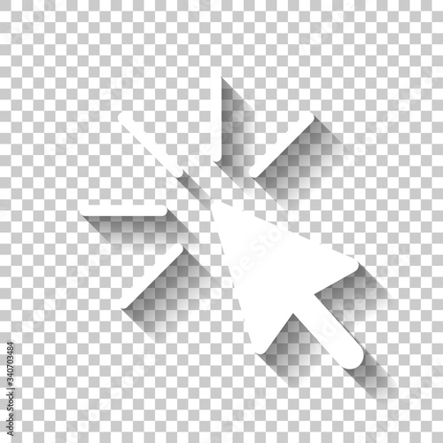 Computer pointer, cursor or mouse arrow, click. White icon with shadow on transparent background