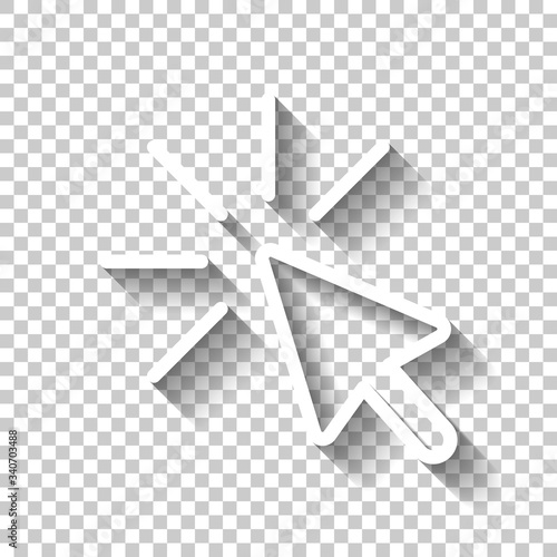 Computer pointer, cursor or mouse arrow, click, outline design. White icon with shadow on transparent background