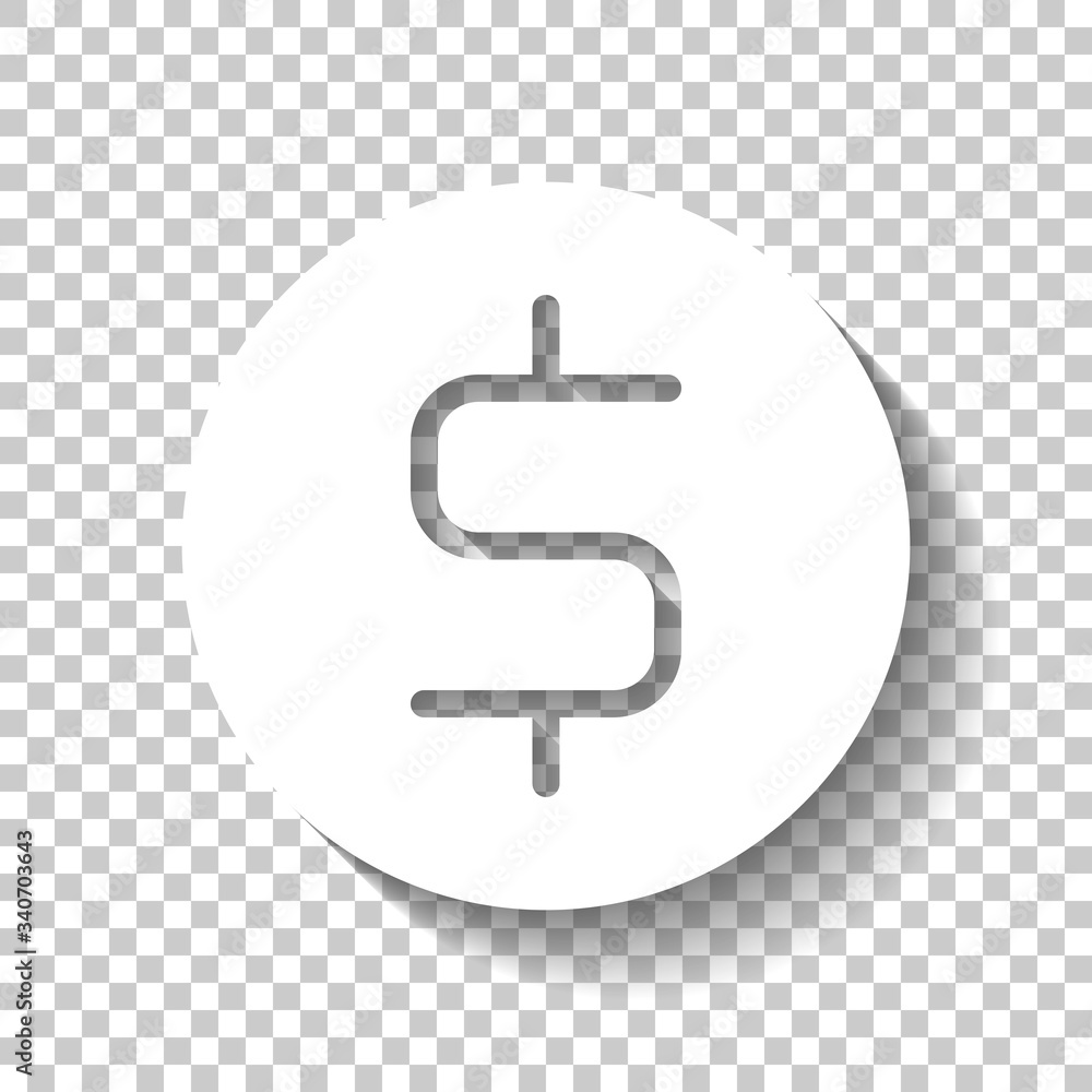 Dollar coin, money sign. White icon with shadow on transparent background Dollar coin, money sign. White icon with shadow on transparent background