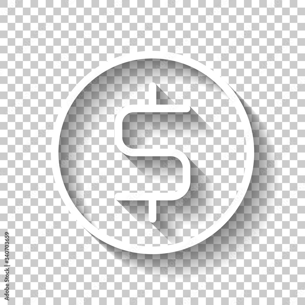 Dollar coin, money sign, outline design. White icon with shadow on transparent background Dollar coin, money sign, outline design. White icon with shadow on transparent background