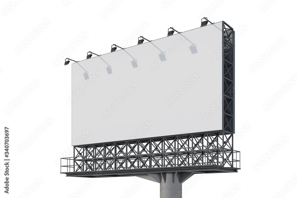 Obraz premium Blank billboard template in white space. Street outdoor advertising. Isolated. Mock up. 3d rendering. Side view.