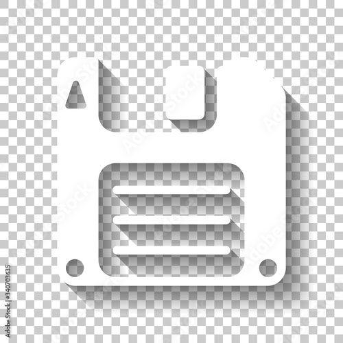 Diskette, floopy disk, save file. White icon with shadow on transparent background