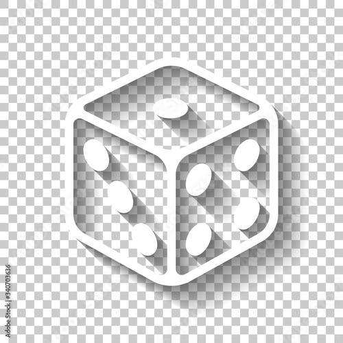 Dice cube, casino game. White icon with shadow on transparent background