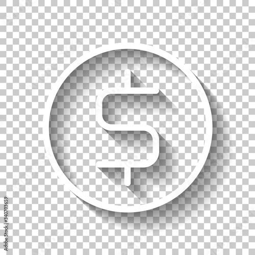 Dollar coin, money sign, outline design. White icon with shadow on transparent background