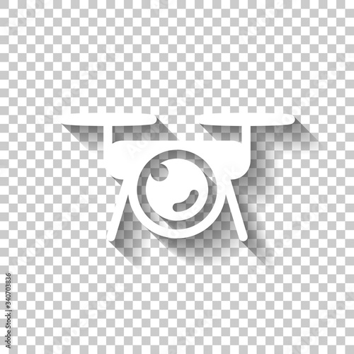 Drone with camera, tech logo. White icon with shadow on transparent background