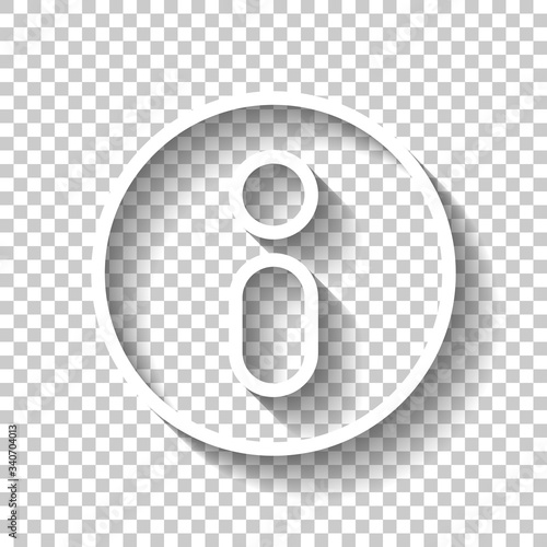 Information symbol in circle, inform desk, i letter, outline design. White icon with shadow on transparent background