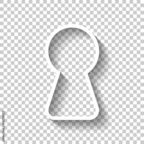 Key hole of door or lock, outline design. White icon with shadow on transparent background