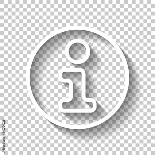 Information symbol in circle, inform desk, i letter, outline design. White icon with shadow on transparent background