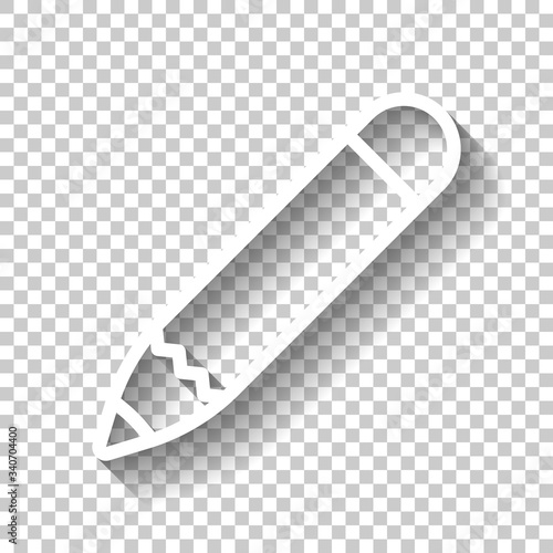 Simple pencil or pen, edit or write, outline design. White icon with shadow on transparent background