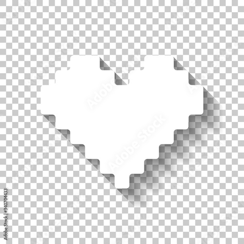 Pixel heart, 8 bit, valentine day. White icon with shadow on transparent background