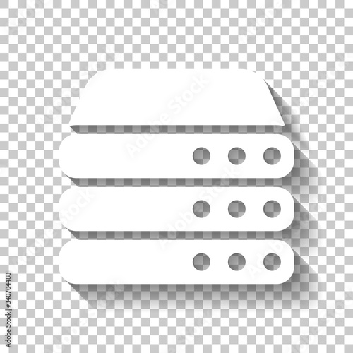 Database server, backup data, computer network, cloud hardware. White icon with shadow on transparent background