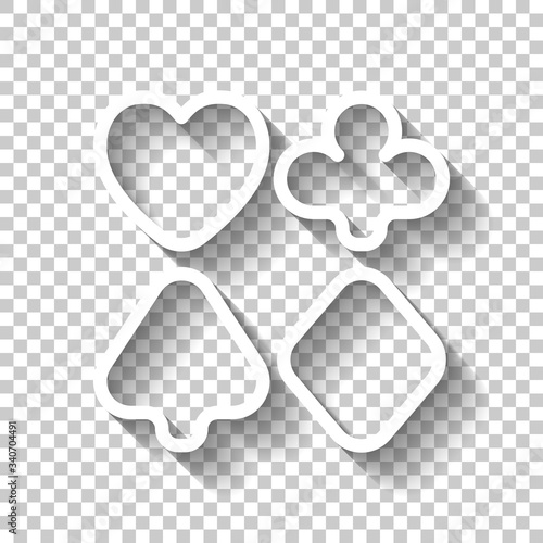 Playing card suits, poker club, outline design. White icon with shadow on transparent background
