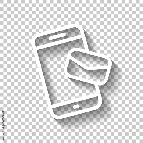 Email and mobile phone, outline design. White icon with shadow on transparent background