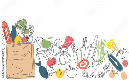 Background with Paper Grocery Bag and Fresh Food. Pattern with Differrent Products. Vector illustration.