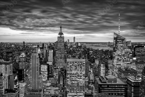 New York skyline from Top of the Rock Rockefeller center in USA at sunset blue hour black and white version