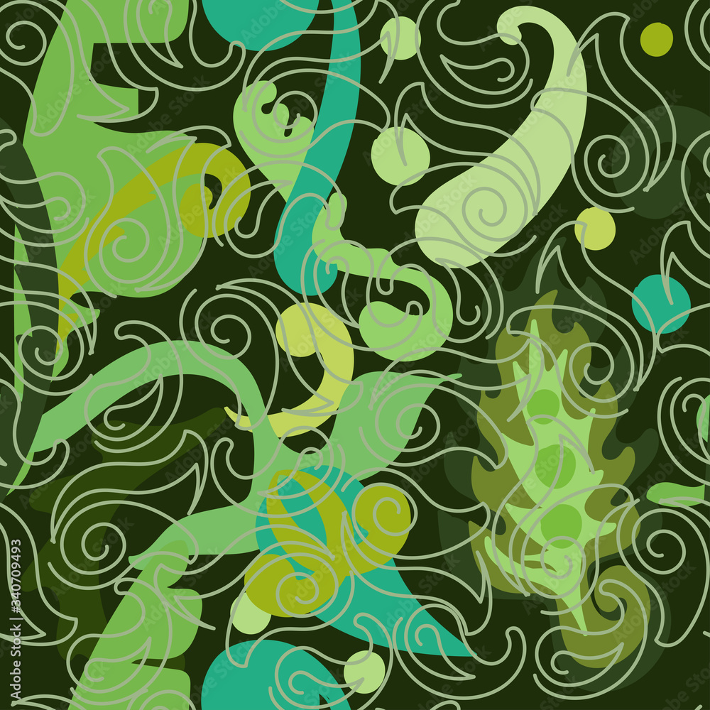 Seamless pattern with green tropical leaves and exotic flowers. Fashion vector illustration on black background. Seamless pattern with green tropical leaves and exotic flowers. Fashion vector illustration on black background.