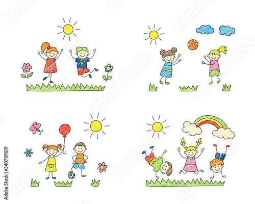 Happy children play on the grass. Cute doodle kids, boys and girls. A set of color isolated scenes. Hand drawn vector illustration on white background