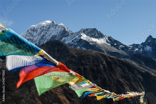 Prayer Flags Below Himalayan Mountains photo