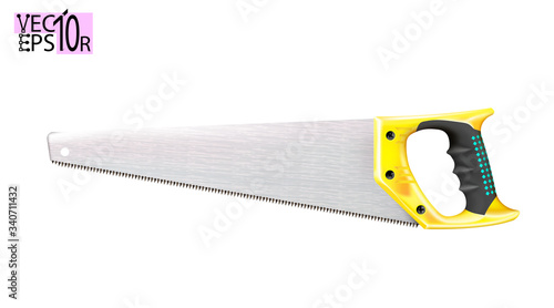 Yellow professional realistic hand saw with a plastic handle. 3d construction tool isolated on white background. Repair and design, craft vector, illustration.